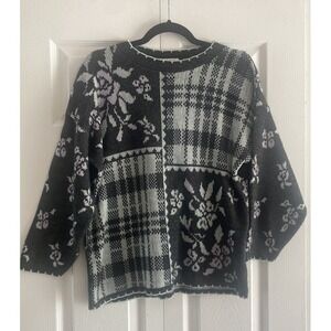 Arielle Vintage Floral‎ Plaid Sweater Womens Size Large Gray Knit Y2K USA